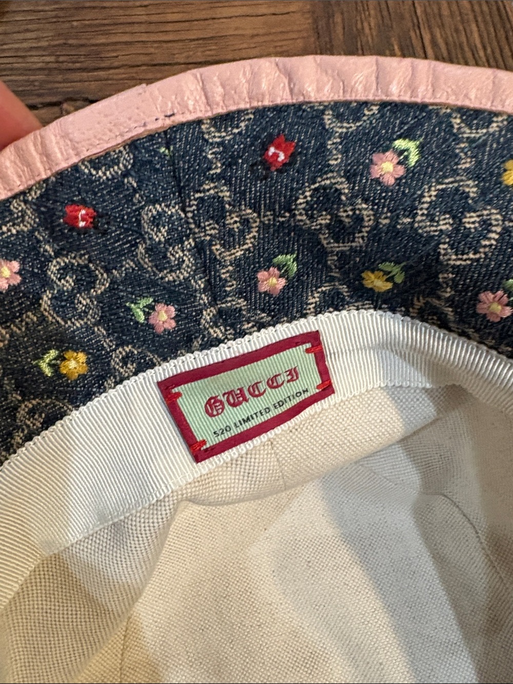 Gucci Women’s Denim Bucket Hat with Multicolor Floral Embroidery and Pink Trim - Picture 4 of 10